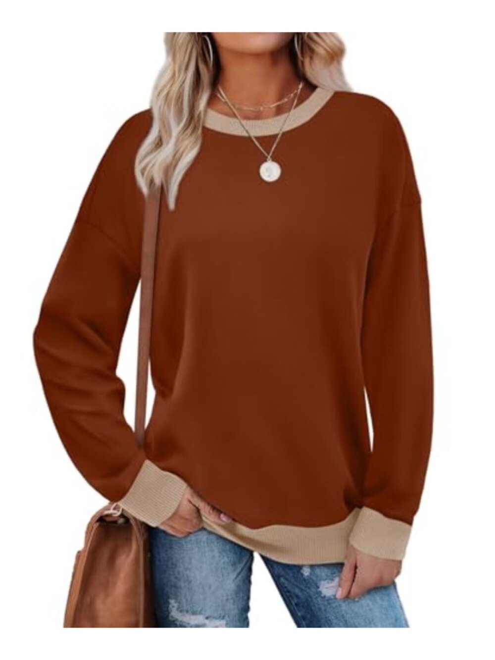 Womens Crewneck Sweatshirt Color Block Ribbed Trim Loose Fit Long Sleeve